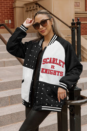 Black & White Rutgers Scarlet Knights Throwback Varsity Bomber Jacket - On Model Front View | Gameday Couture - SOHO