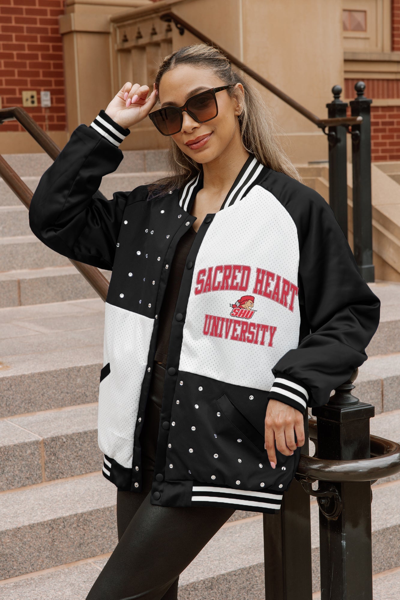 SACRED HEART PIONEERS REFINED RIVALRY THROWBACK VARSITY BOMBER JACKET