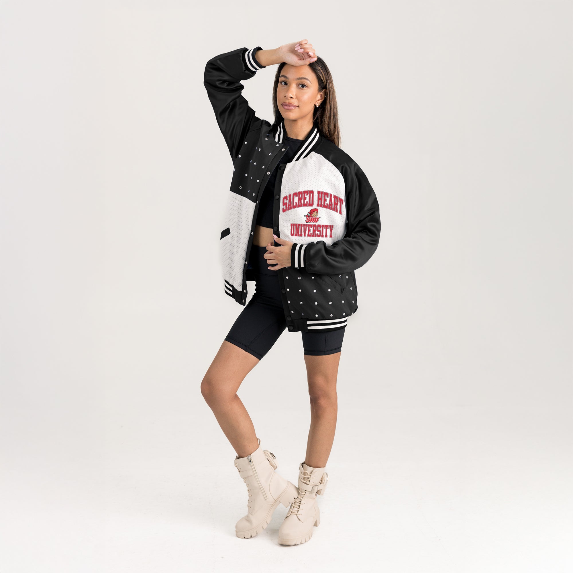 SACRED HEART PIONEERS REFINED RIVALRY THROWBACK VARSITY BOMBER JACKET