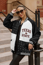 TEXAS STATE BOBCATS REFINED RIVALRY THROWBACK VARSITY BOMBER JACKET