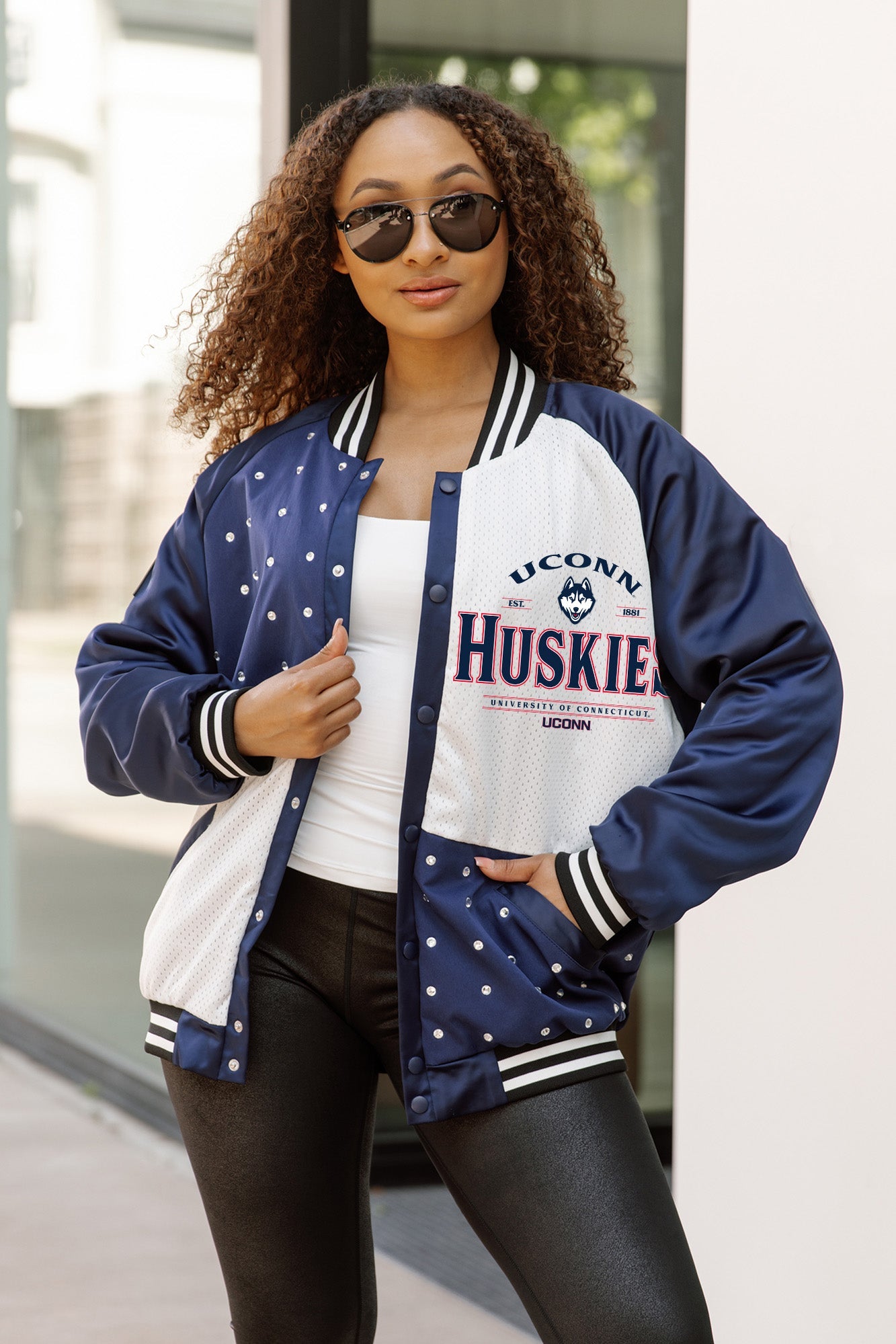 UCONN HUSKIES INNER DRIVE THROWBACK VARSITY BOMBER JACKET