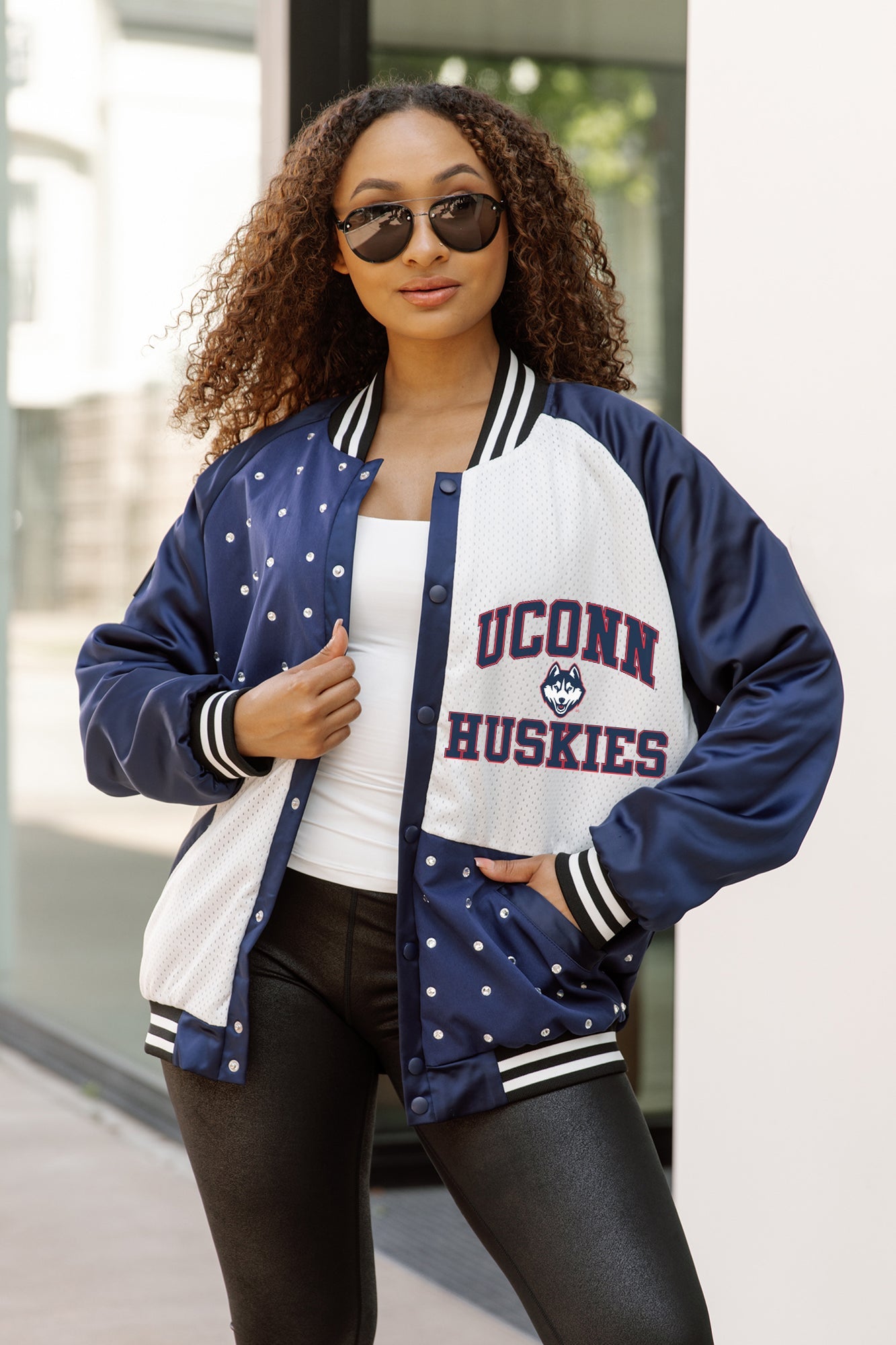 UCONN HUSKIES REFINED RIVALRY THROWBACK VARSITY BOMBER JACKET