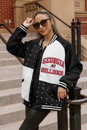 Black/White Georgia Bulldogs Refined Rivalry Throwback Varsity Bomber Jacket - On Model Front View | Gameday Couture - SOHO