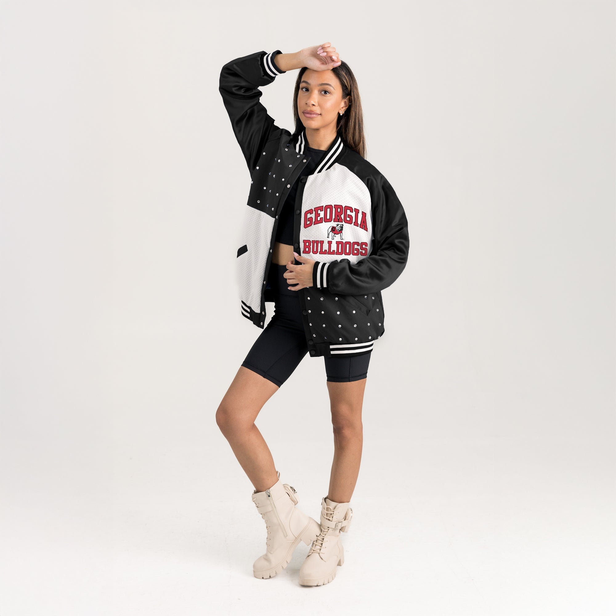 Black/White Georgia Bulldogs Varsity Bomber Jacket - Studio Full Body Front View with Crop Top | Gameday Couture - SOHO
