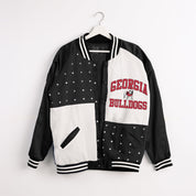 Black/White Georgia Bulldogs Refined Rivalry Throwback Varsity Bomber Jacket - Hanger Flat View | Gameday Couture - SOHO