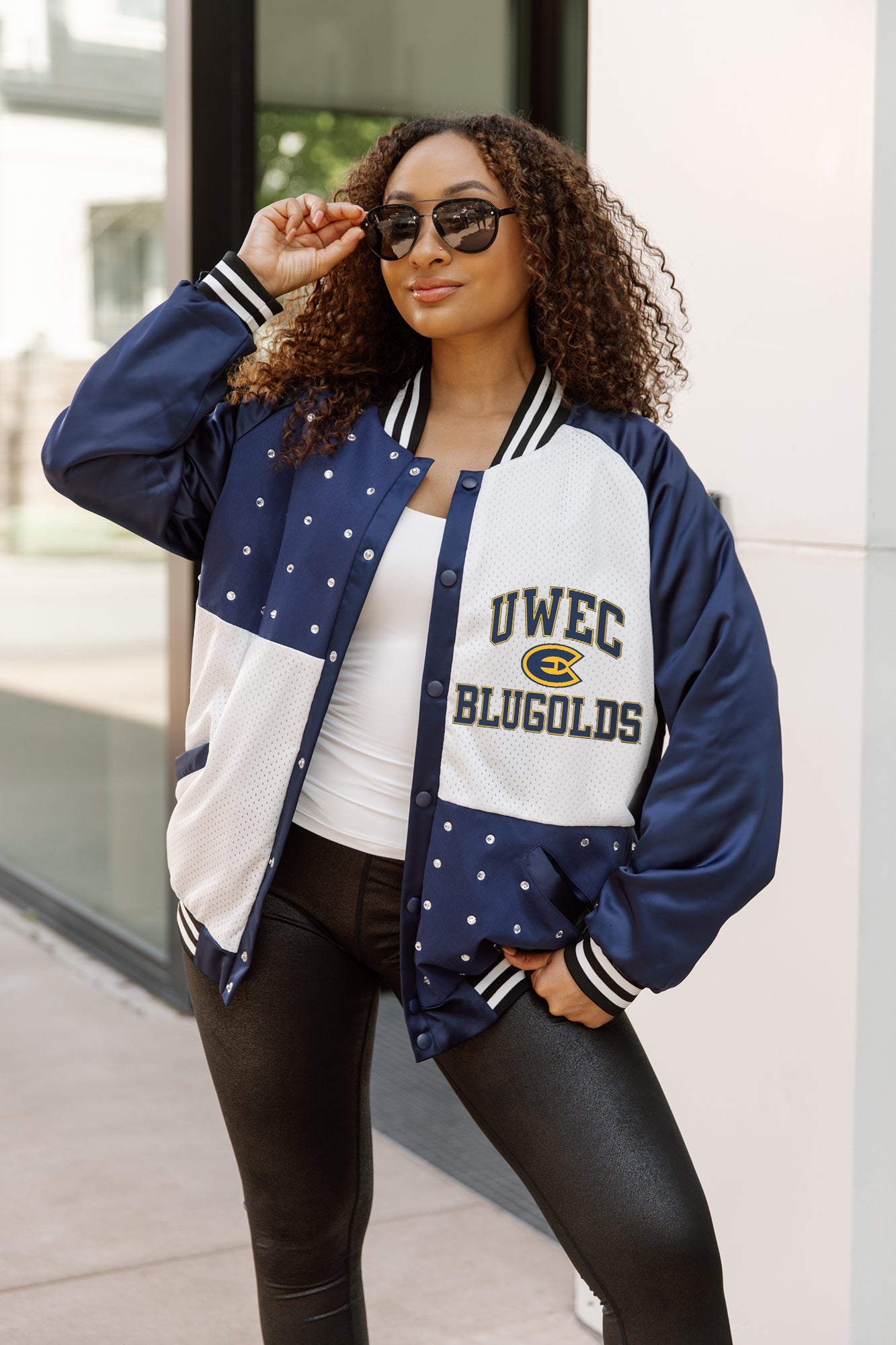 WISCONSIN-EAU CLAIRE BLUGOLDS REFINED RIVALRY THROWBACK VARSITY BOMBER JACKET