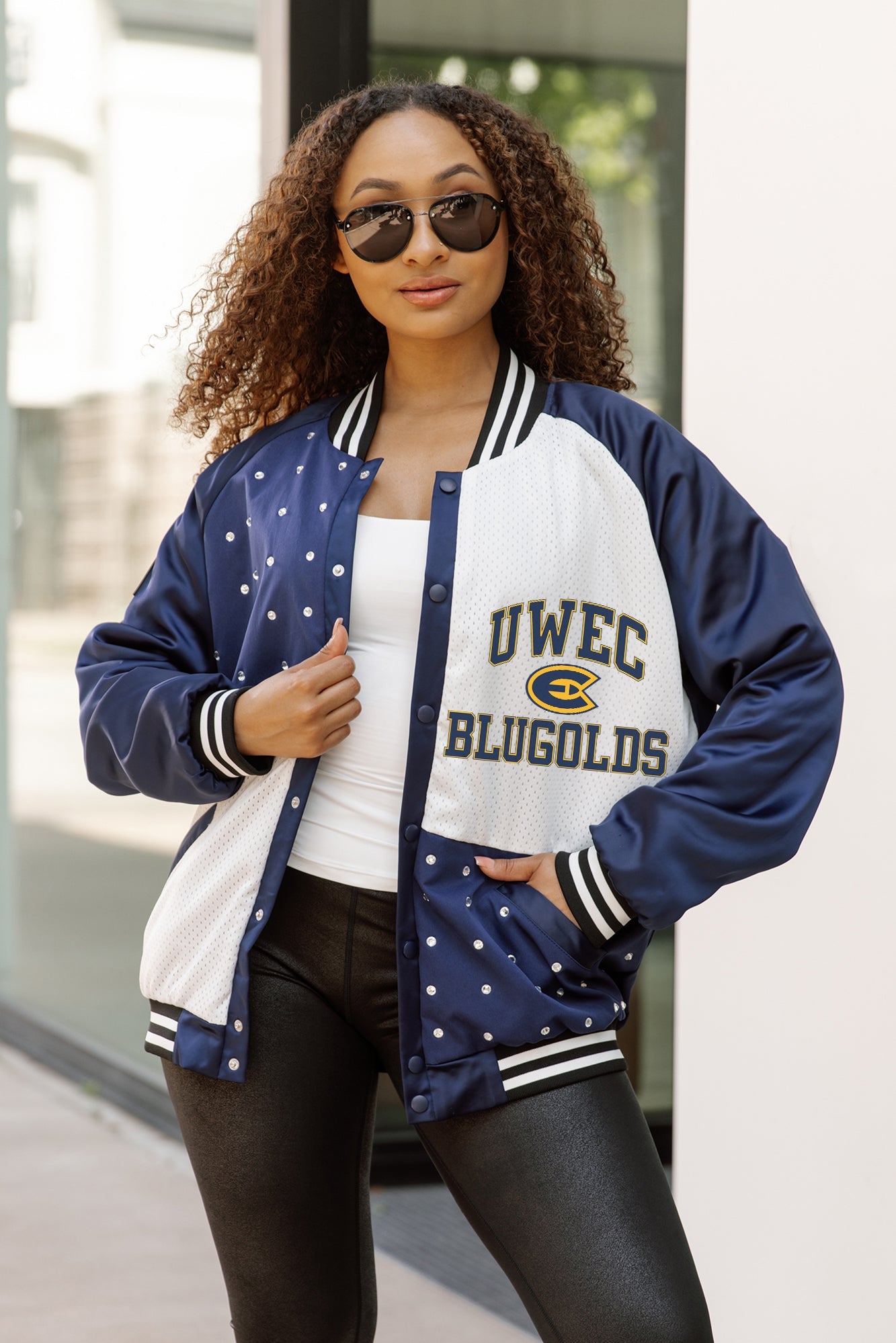 WISCONSIN-EAU CLAIRE BLUGOLDS REFINED RIVALRY THROWBACK VARSITY BOMBER JACKET