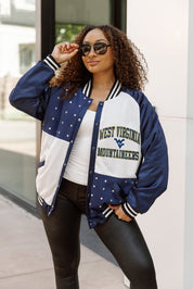 WEST VIRGINIA MOUNTAINEERS REFINED RIVALRY THROWBACK VARSITY BOMBER JACKET