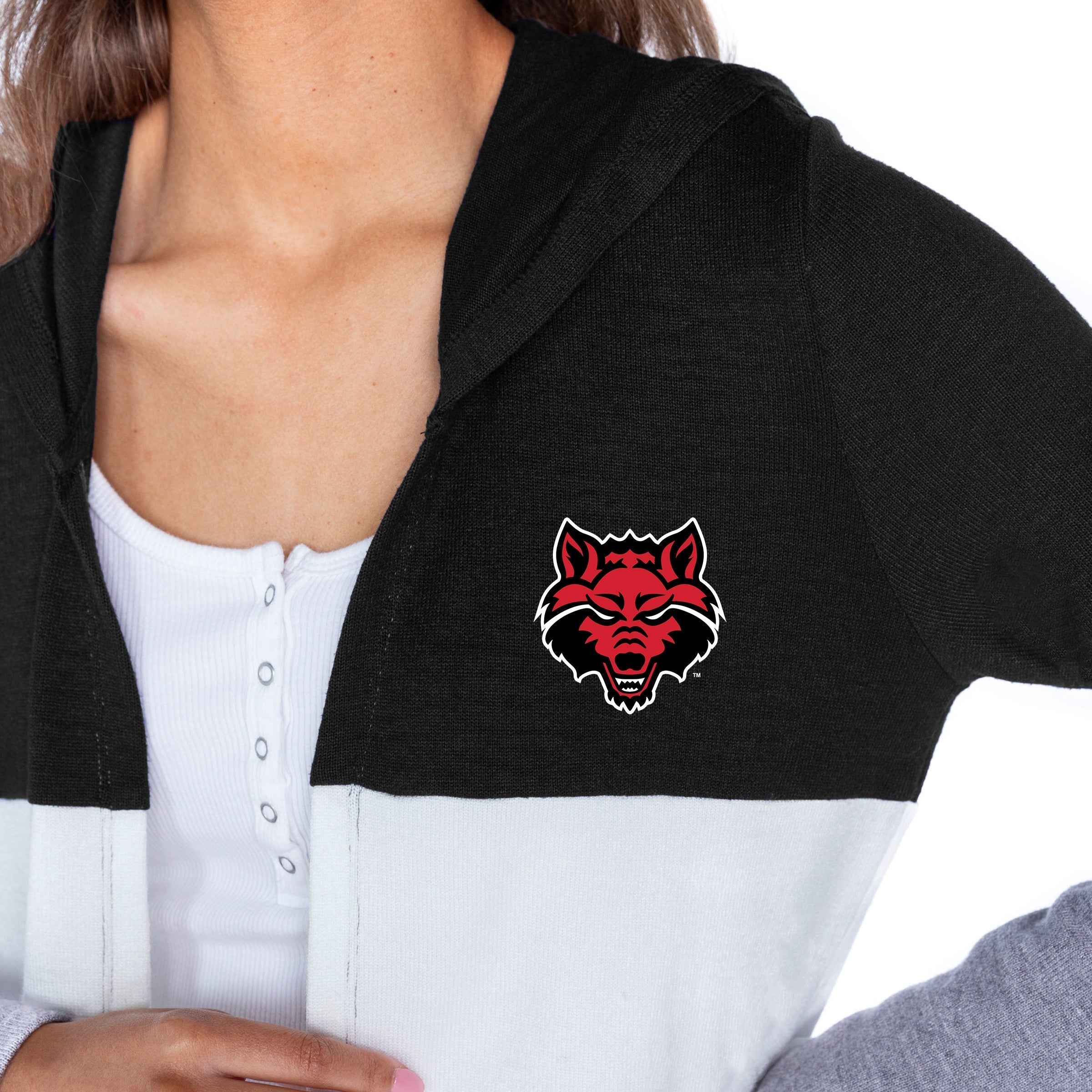 ARKANSAS STATE RED WOLVES INSIGNIA WOMEN'S LIGHTWEIGHT LONG SLEEVE HOODED CARDIGAN WITH OPEN FRONT AND BOLD COLORBLOCK DETAIL