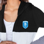 BENTLEY FALCONS INSIGNIA WOMEN'S LIGHTWEIGHT LONG SLEEVE HOODED CARDIGAN WITH OPEN FRONT AND BOLD COLORBLOCK DETAIL