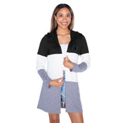 CAROLINA PANTHERS INSIGNIA WOMEN'S LIGHTWEIGHT LONG SLEEVE HOODED CARDIGAN WITH OPEN FRONT AND BOLD COLORBLOCK DETAIL