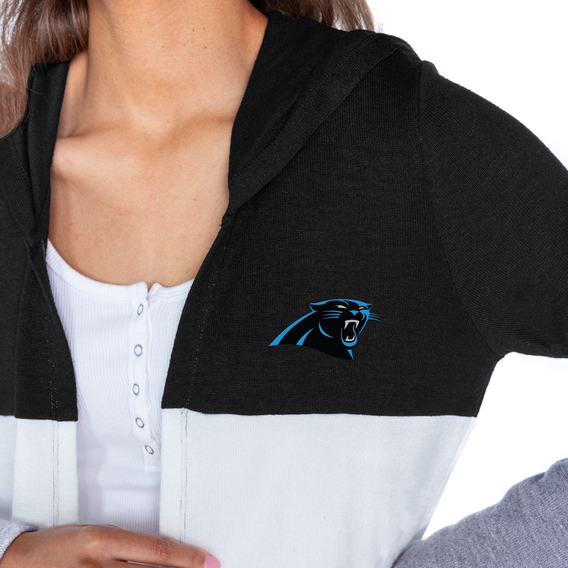 CAROLINA PANTHERS INSIGNIA WOMEN'S LIGHTWEIGHT LONG SLEEVE HOODED CARDIGAN WITH OPEN FRONT AND BOLD COLORBLOCK DETAIL