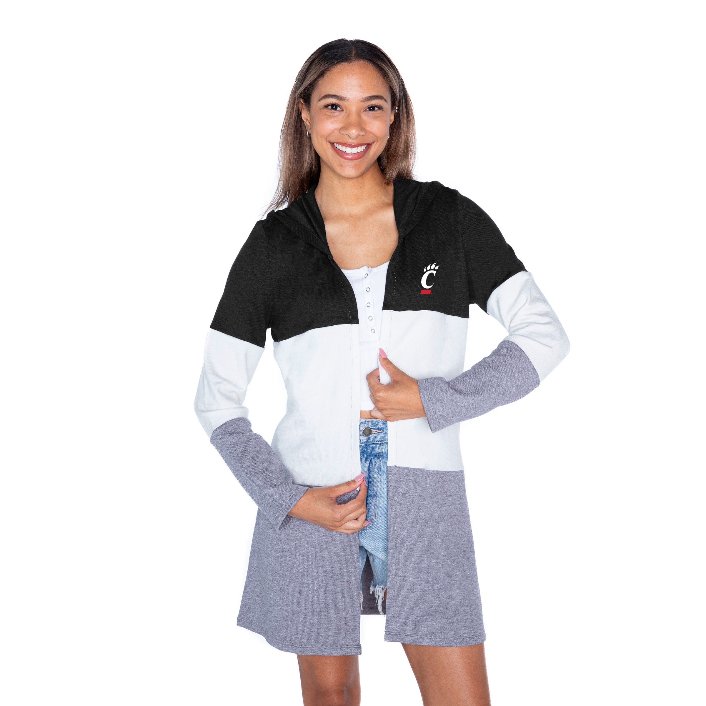 CINCINNATI BEARCATS INSIGNIA WOMEN'S LIGHTWEIGHT LONG SLEEVE HOODED CARDIGAN WITH OPEN FRONT AND BOLD COLORBLOCK DETAIL