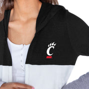 CINCINNATI BEARCATS INSIGNIA WOMEN'S LIGHTWEIGHT LONG SLEEVE HOODED CARDIGAN WITH OPEN FRONT AND BOLD COLORBLOCK DETAIL