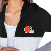 CLEVELAND BROWNS INSIGNIA WOMEN'S LIGHTWEIGHT LONG SLEEVE HOODED CARDIGAN WITH OPEN FRONT AND BOLD COLORBLOCK DETAIL