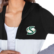 SACRAMENTO STATE HORNETS INSIGNIA WOMEN'S LIGHTWEIGHT LONG SLEEVE HOODED CARDIGAN WITH OPEN FRONT AND BOLD COLORBLOCK DETAIL