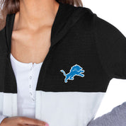 DETROIT LIONS INSIGNIA WOMEN'S LIGHTWEIGHT LONG SLEEVE HOODED CARDIGAN WITH OPEN FRONT AND BOLD COLORBLOCK DETAIL