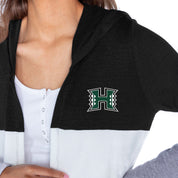 HAWAII RAINBOW WARRIORS INSIGNIA WOMEN'S LIGHTWEIGHT LONG SLEEVE HOODED CARDIGAN WITH OPEN FRONT AND BOLD COLORBLOCK DETAIL