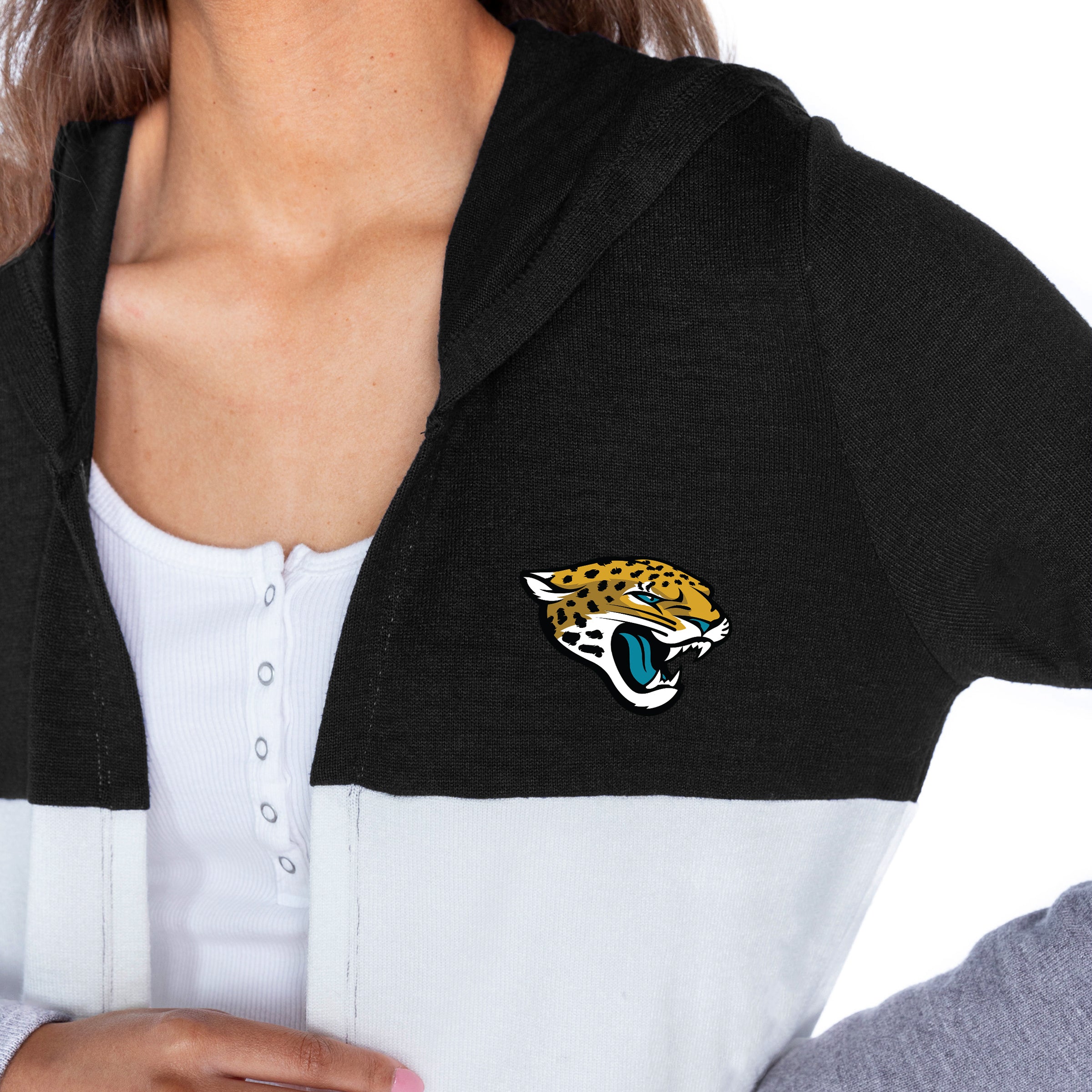 JACKSONVILLE JAGUARS INSIGNIA WOMEN'S LIGHTWEIGHT LONG SLEEVE HOODED CARDIGAN WITH OPEN FRONT AND BOLD COLORBLOCK DETAIL