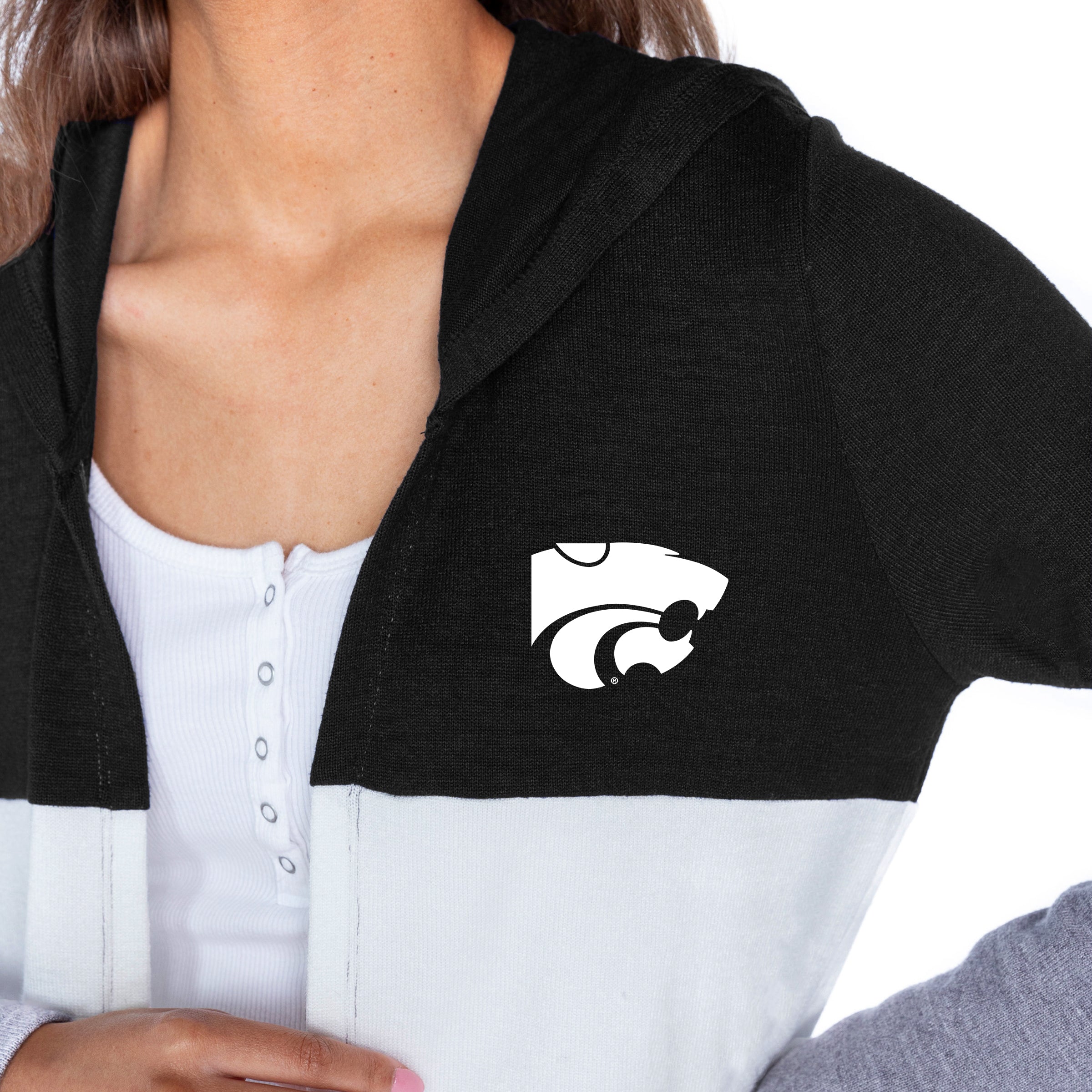 KANSAS STATE WILDCATS INSIGNIA WOMEN'S LIGHTWEIGHT LONG SLEEVE HOODED CARDIGAN WITH OPEN FRONT AND BOLD COLORBLOCK DETAIL