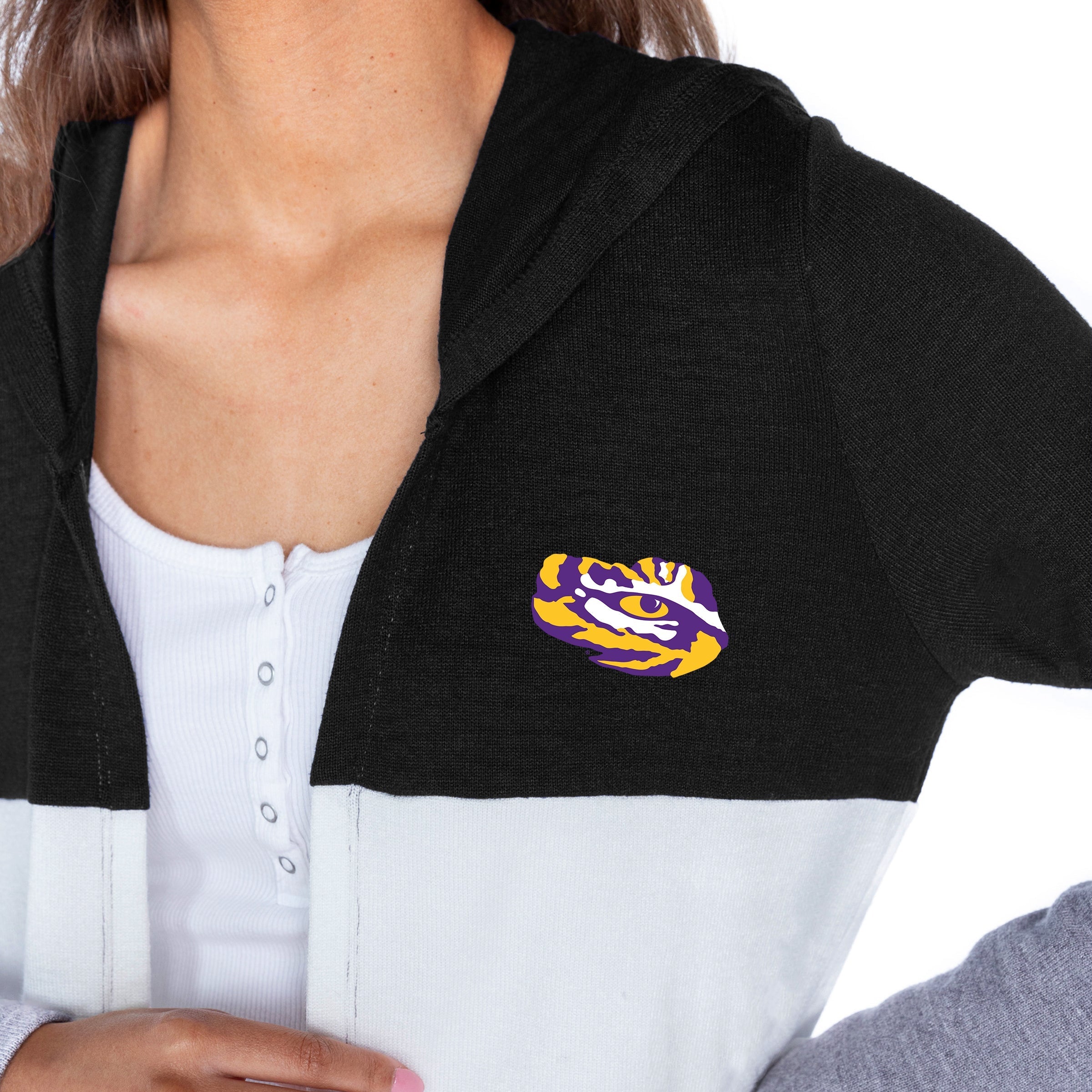 LSU TIGERS INSIGNIA WOMEN'S LIGHTWEIGHT LONG SLEEVE HOODED CARDIGAN WITH OPEN FRONT AND BOLD COLORBLOCK DETAIL