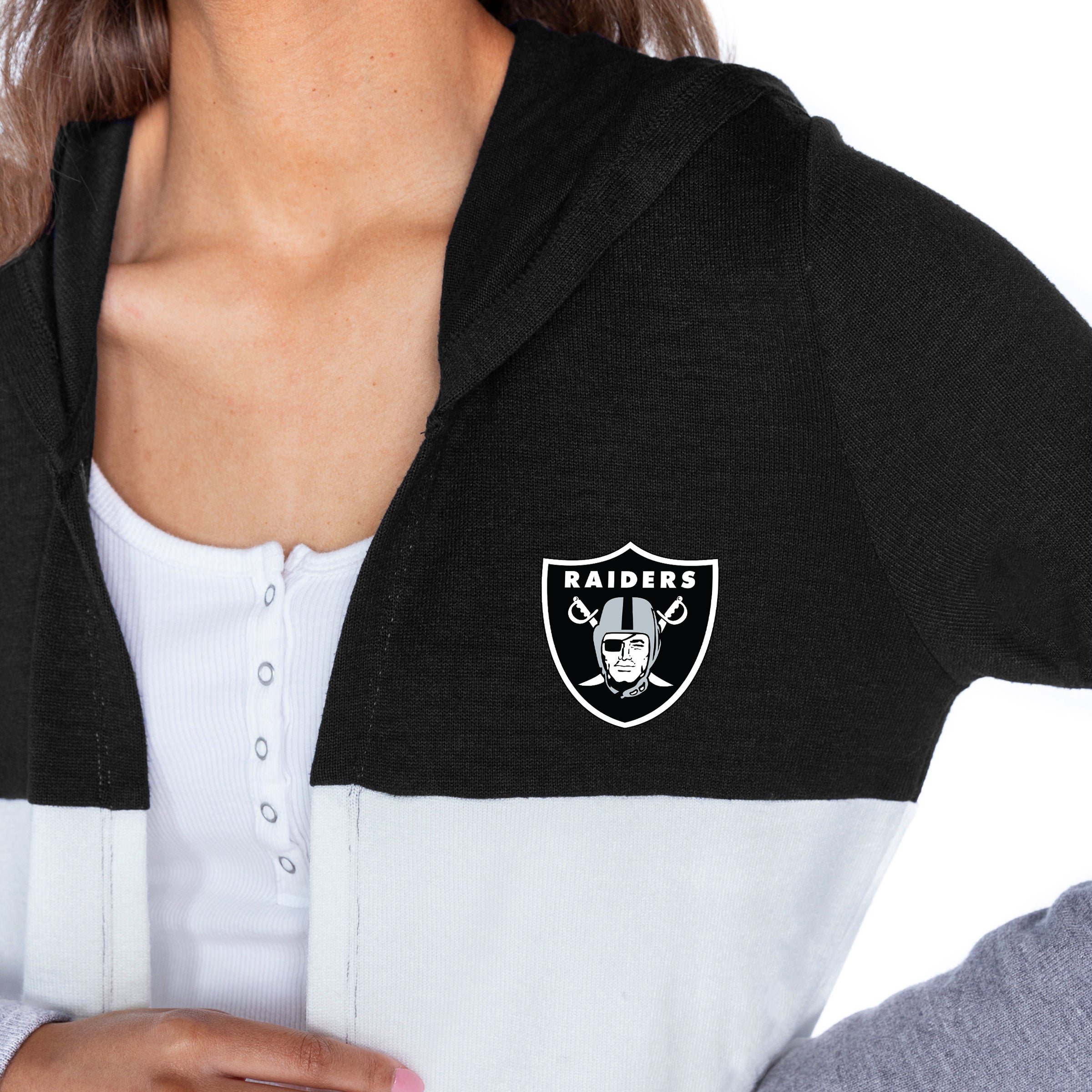 LAS VEGAS RAIDERS INSIGNIA WOMEN'S LIGHTWEIGHT LONG SLEEVE HOODED CARDIGAN WITH OPEN FRONT AND BOLD COLORBLOCK DETAIL