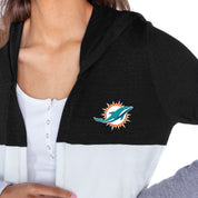 MIAMI DOLPHINS INSIGNIA WOMEN'S LIGHTWEIGHT LONG SLEEVE HOODED CARDIGAN WITH OPEN FRONT AND BOLD COLORBLOCK DETAIL
