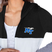 MIDDLE TENNESSEE STATE BLUE RAIDERS INSIGNIA WOMEN'S LIGHTWEIGHT LONG SLEEVE HOODED CARDIGAN WITH OPEN FRONT AND BOLD COLORBLOCK DETAIL