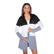NEW YORK GIANTS INSIGNIA WOMEN'S LIGHTWEIGHT LONG SLEEVE HOODED CARDIGAN WITH OPEN FRONT AND BOLD COLORBLOCK DETAIL