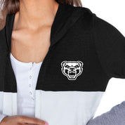 OAKLAND GOLDEN GRIZZLIES INSIGNIA WOMEN'S LIGHTWEIGHT LONG SLEEVE HOODED CARDIGAN WITH OPEN FRONT AND BOLD COLORBLOCK DETAIL