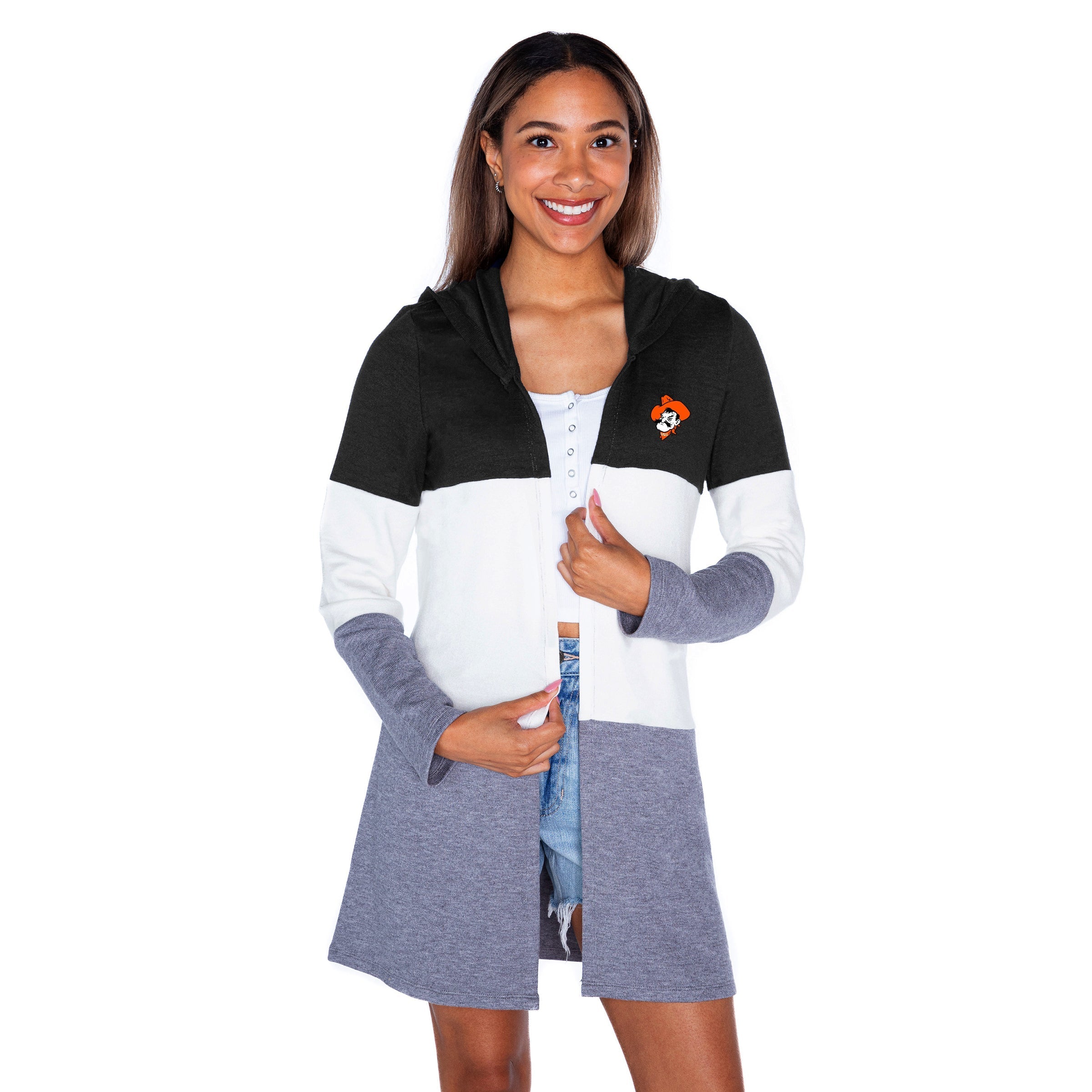 OKLAHOMA STATE COWBOYS INSIGNIA WOMEN'S LIGHTWEIGHT LONG SLEEVE HOODED CARDIGAN WITH OPEN FRONT AND BOLD COLORBLOCK DETAIL