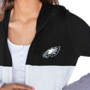 PHILADELPHIA EAGLES INSIGNIA WOMEN'S LIGHTWEIGHT LONG SLEEVE HOODED CARDIGAN WITH OPEN FRONT AND BOLD COLORBLOCK DETAIL