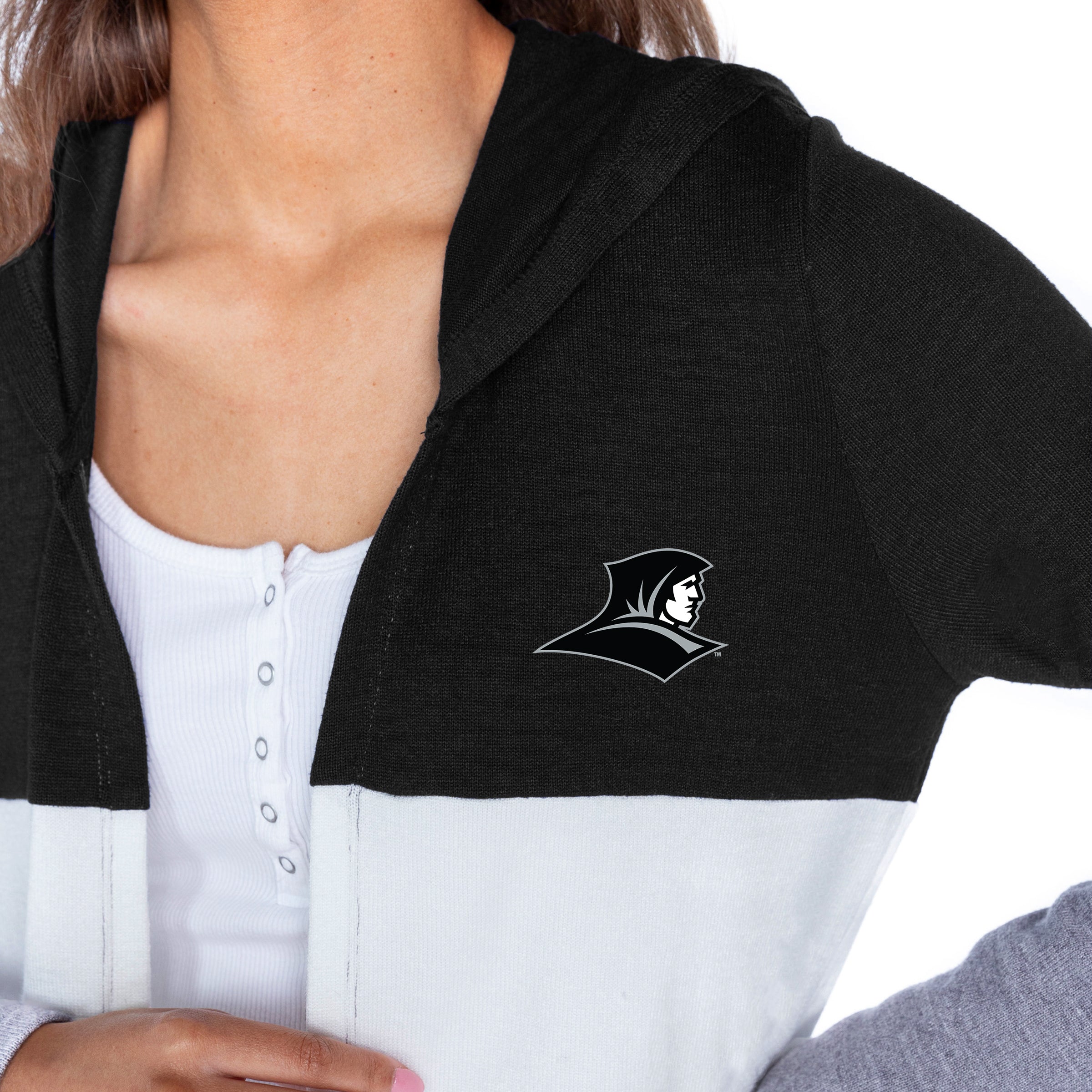 PROVIDENCE FRIARS INSIGNIA WOMEN'S LIGHTWEIGHT LONG SLEEVE HOODED CARDIGAN WITH OPEN FRONT AND BOLD COLORBLOCK DETAIL
