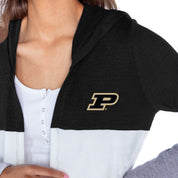 PURDUE BOILERMAKERS INSIGNIA WOMEN'S LIGHTWEIGHT LONG SLEEVE HOODED CARDIGAN WITH OPEN FRONT AND BOLD COLORBLOCK DETAIL