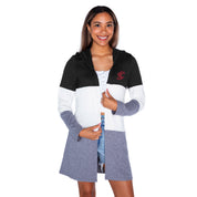 SANTA CLARA BRONCOS INSIGNIA WOMEN'S LIGHTWEIGHT LONG SLEEVE HOODED CARDIGAN WITH OPEN FRONT AND BOLD COLORBLOCK DETAIL