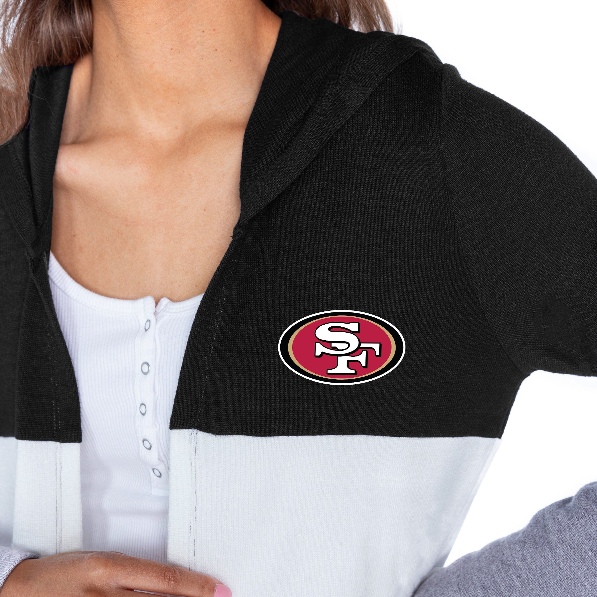 SAN FRANCISCO 49ERS INSIGNIA WOMEN'S LIGHTWEIGHT LONG SLEEVE HOODED CARDIGAN WITH OPEN FRONT AND BOLD COLORBLOCK DETAIL