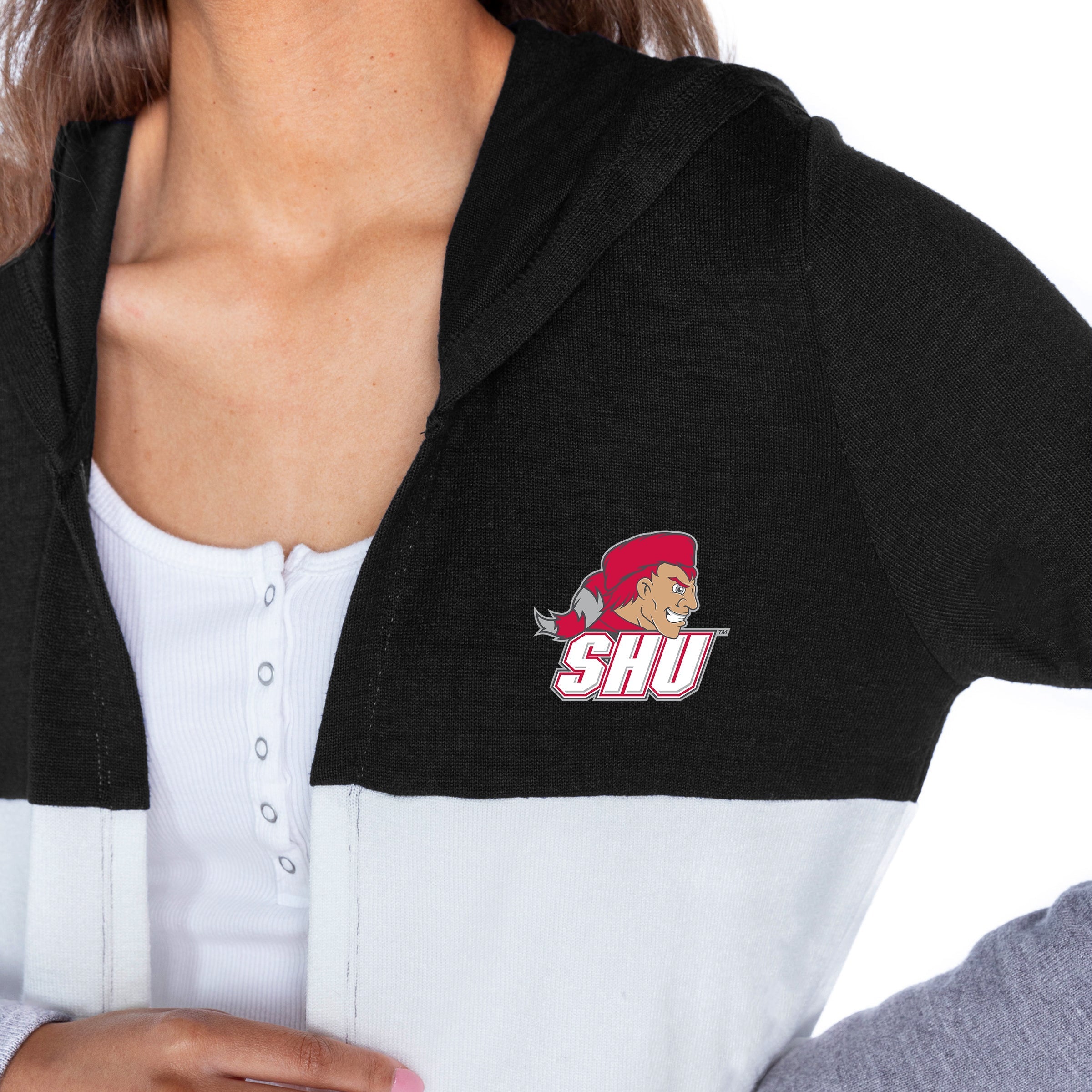 SACRED HEART PIONEERS INSIGNIA WOMEN'S LIGHTWEIGHT LONG SLEEVE HOODED CARDIGAN WITH OPEN FRONT AND BOLD COLORBLOCK DETAIL