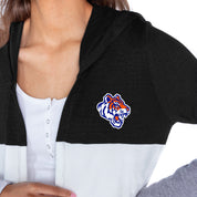 SAVANNAH STATE TIGERS INSIGNIA WOMEN'S LIGHTWEIGHT LONG SLEEVE HOODED CARDIGAN WITH OPEN FRONT AND BOLD COLORBLOCK DETAIL