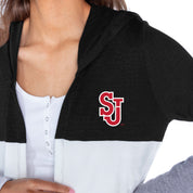 ST. JOHN'S RED STORM INSIGNIA WOMEN'S LIGHTWEIGHT LONG SLEEVE HOODED CARDIGAN WITH OPEN FRONT AND BOLD COLORBLOCK DETAIL