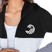 SALVE SEAHAWKS INSIGNIA WOMEN'S LIGHTWEIGHT LONG SLEEVE HOODED CARDIGAN WITH OPEN FRONT AND BOLD COLORBLOCK DETAIL