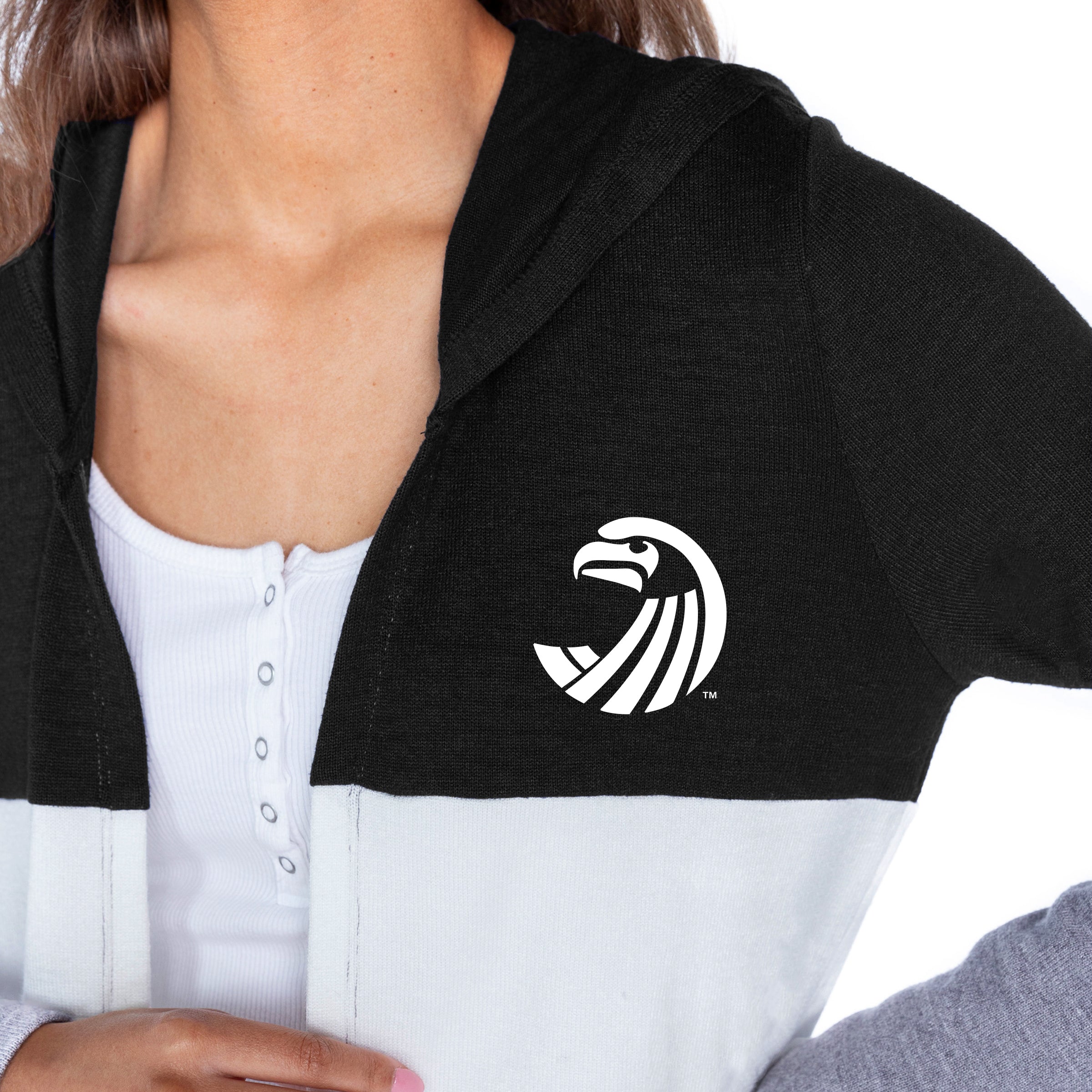 SALVE SEAHAWKS INSIGNIA WOMEN'S LIGHTWEIGHT LONG SLEEVE HOODED CARDIGAN WITH OPEN FRONT AND BOLD COLORBLOCK DETAIL