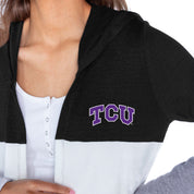 TCU HORNED FROGS INSIGNIA WOMEN'S LIGHTWEIGHT LONG SLEEVE HOODED CARDIGAN WITH OPEN FRONT AND BOLD COLORBLOCK DETAIL