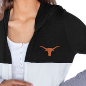 TEXAS LONGHORNS INSIGNIA WOMEN'S LIGHTWEIGHT LONG SLEEVE HOODED CARDIGAN WITH OPEN FRONT AND BOLD COLORBLOCK DETAIL