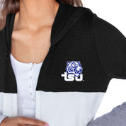 TENNESSEE STATE TIGERS INSIGNIA WOMEN'S LIGHTWEIGHT LONG SLEEVE HOODED CARDIGAN WITH OPEN FRONT AND BOLD COLORBLOCK DETAIL