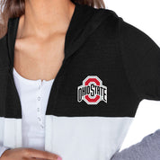 OHIO STATE BUCKEYES INSIGNIA WOMEN'S LIGHTWEIGHT LONG SLEEVE HOODED CARDIGAN WITH OPEN FRONT AND BOLD COLORBLOCK DETAIL