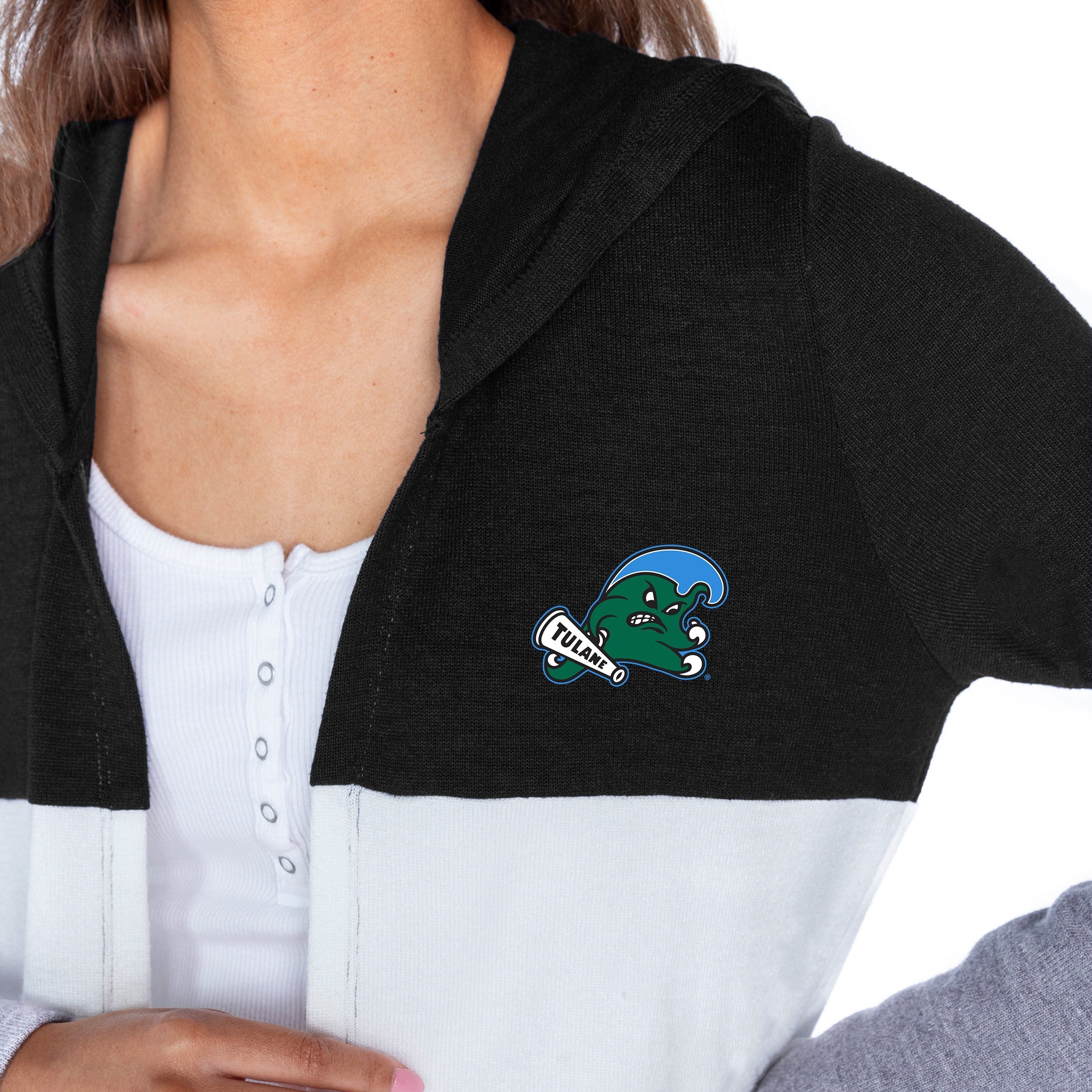 TULANE GREEN WAVE INSIGNIA WOMEN'S LIGHTWEIGHT LONG SLEEVE HOODED CARDIGAN WITH OPEN FRONT AND BOLD COLORBLOCK DETAIL