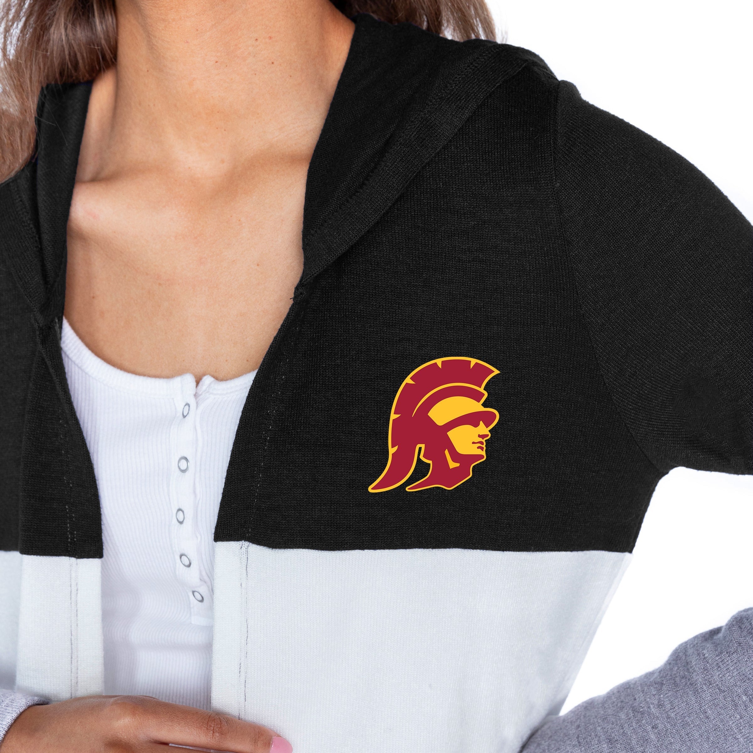 USC TROJANS INSIGNIA WOMEN'S LIGHTWEIGHT LONG SLEEVE HOODED CARDIGAN WITH OPEN FRONT AND BOLD COLORBLOCK DETAIL