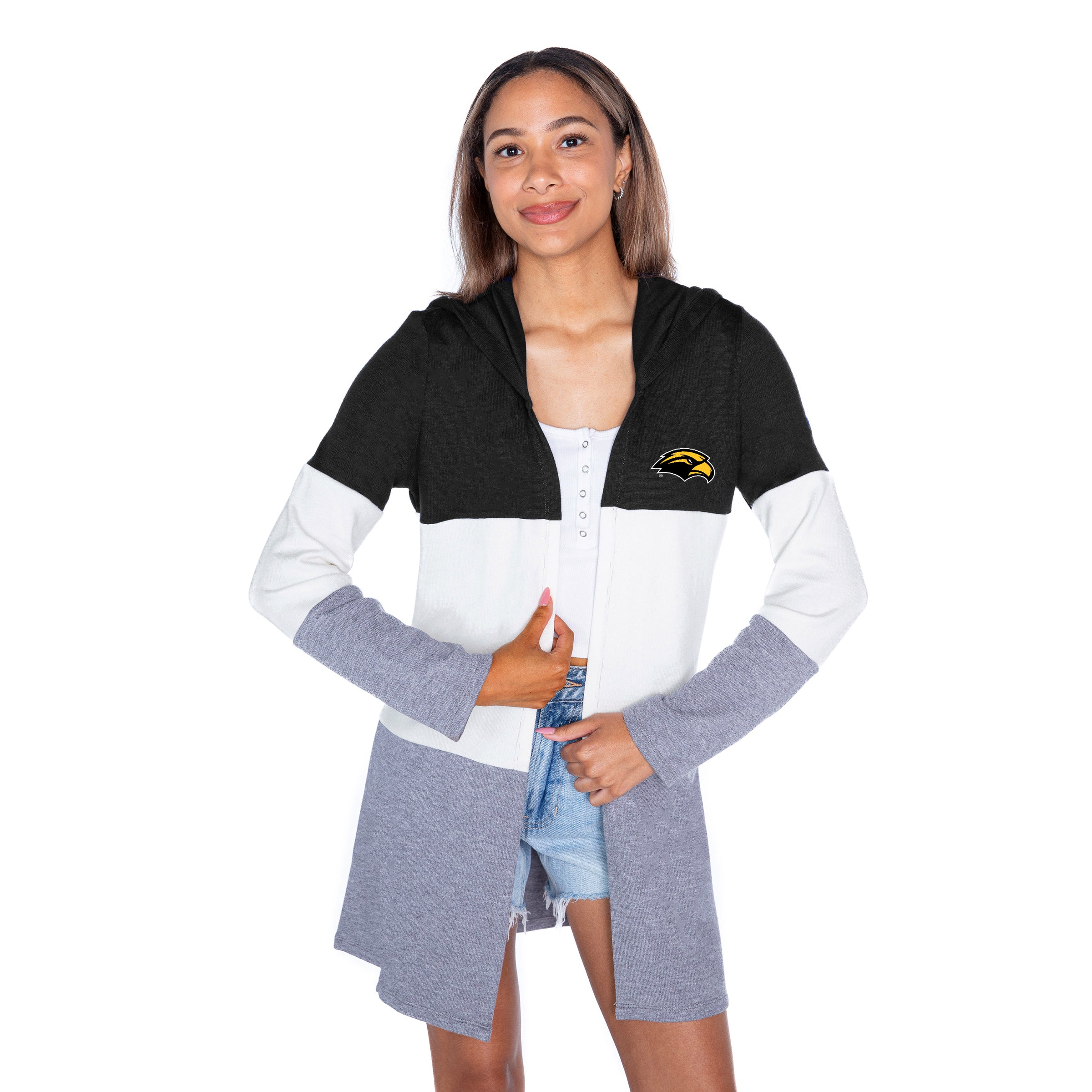 SOUTHERN MISS GOLDEN EAGLES INSIGNIA WOMEN'S LIGHTWEIGHT LONG SLEEVE HOODED CARDIGAN WITH OPEN FRONT AND BOLD COLORBLOCK DETAIL