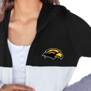 SOUTHERN MISS GOLDEN EAGLES INSIGNIA WOMEN'S LIGHTWEIGHT LONG SLEEVE HOODED CARDIGAN WITH OPEN FRONT AND BOLD COLORBLOCK DETAIL