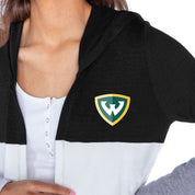 WAYNE STATE WARRIORS INSIGNIA WOMEN'S LIGHTWEIGHT LONG SLEEVE HOODED CARDIGAN WITH OPEN FRONT AND BOLD COLORBLOCK DETAIL